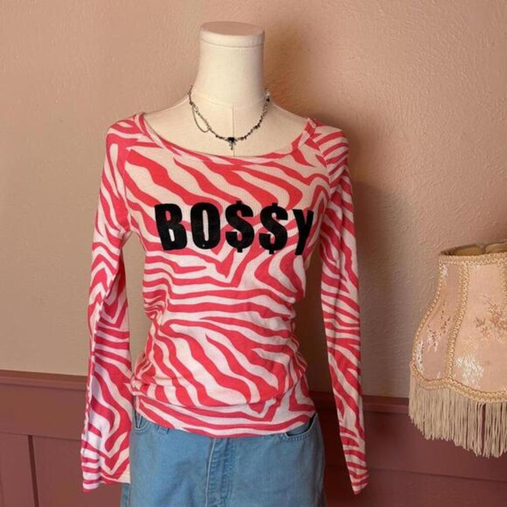 mcbling y2k bossy zebra henley long sleeve  emme jordan pink white zebra